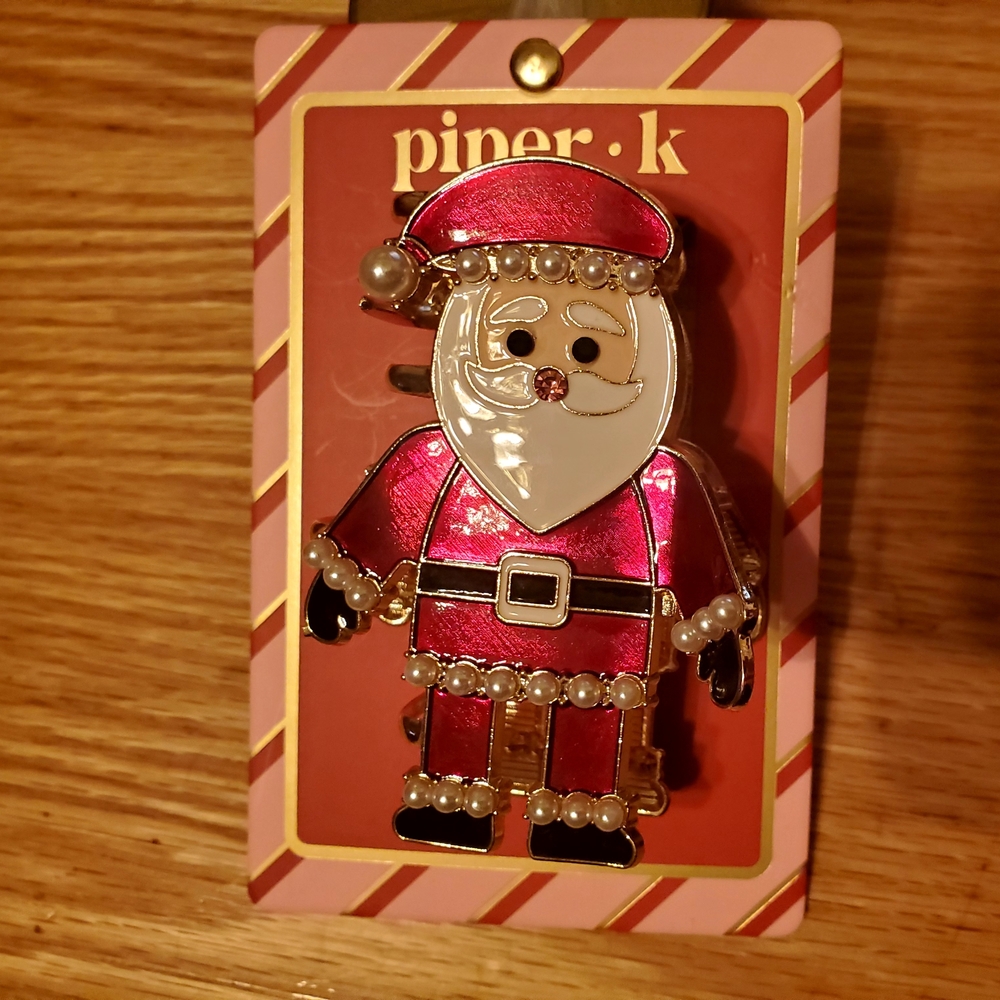 piper·k Pink Santa Hair Clip - Festive Pearl-Accent Barrette